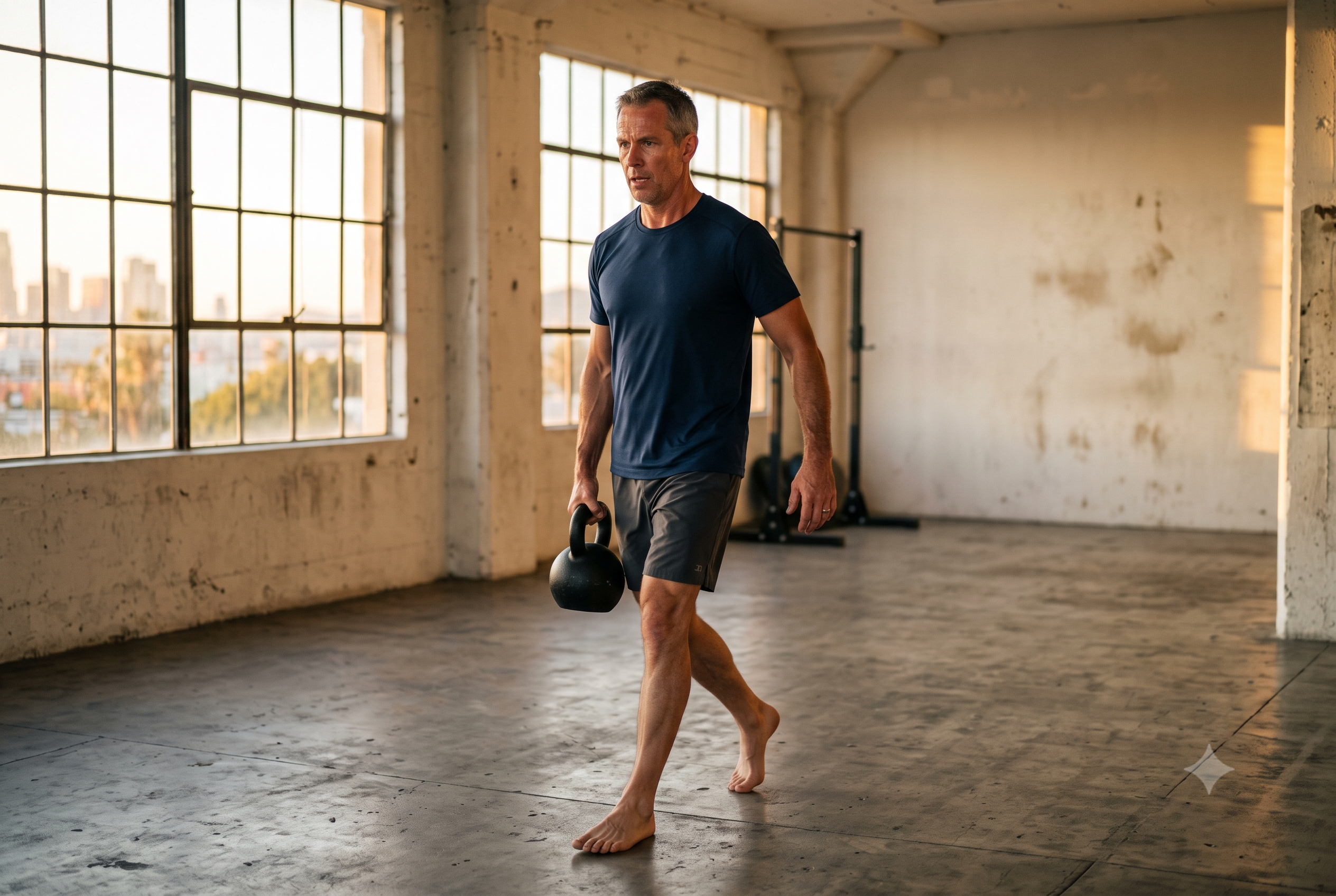 Hombre en entrenamiento funcional con kettlebell en espacio minimalista